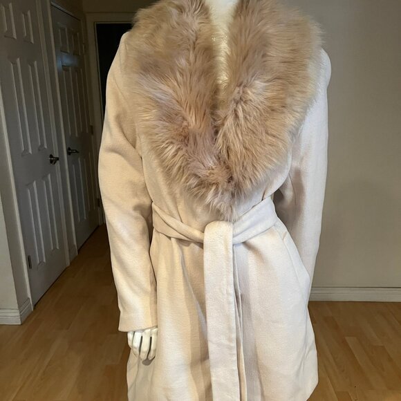 H&M FAUX FUR TRIM LONG COAT TIE WAIST SIZE L LARGE - Picture 2 of 5